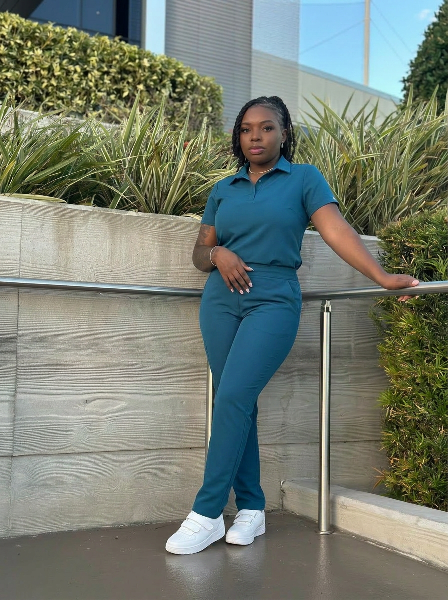 Owner and lead caregiver of Sistren Home Care in teal scrubs